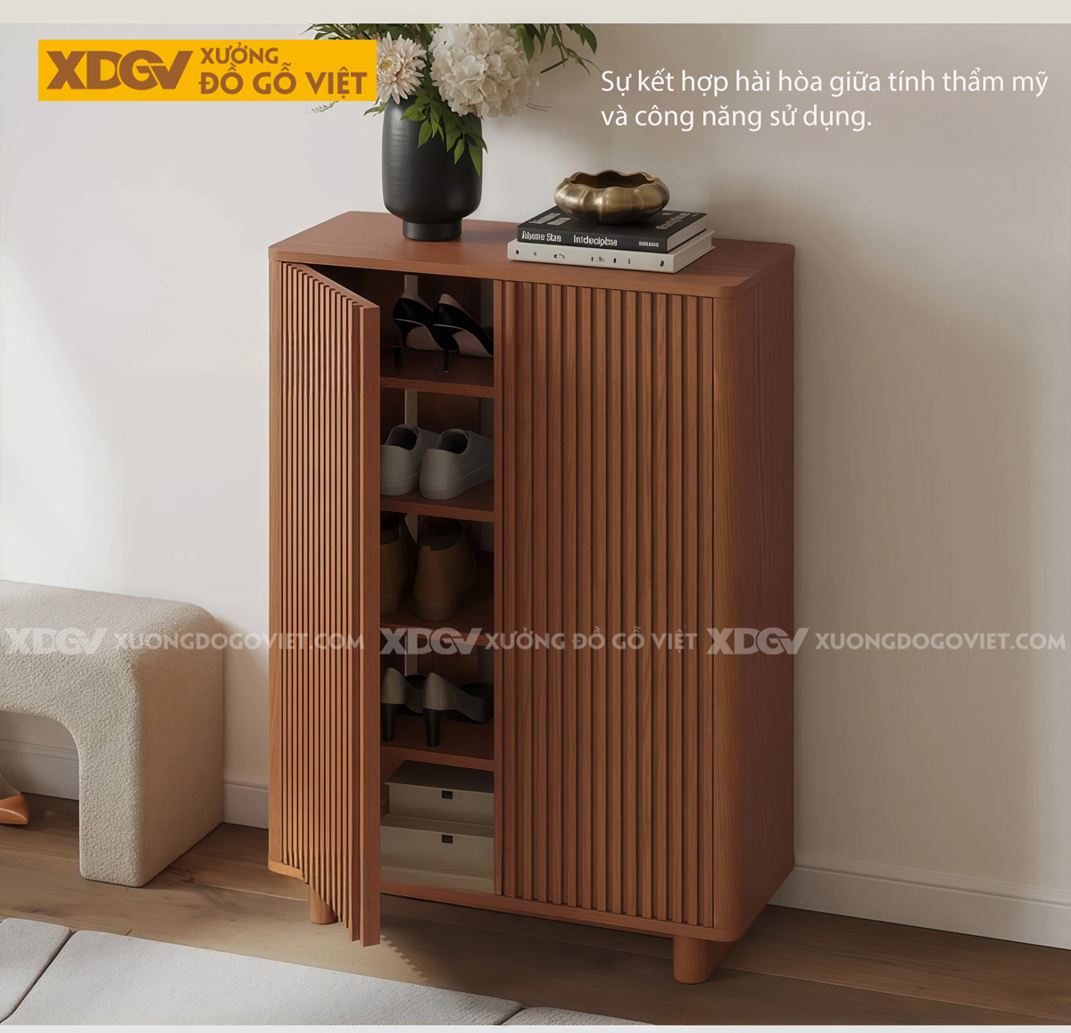 Tủ Để Giày Gỗ Sồi Tối Giản Chân Tủ Thấp Góc Bo Cong Mềm Mại