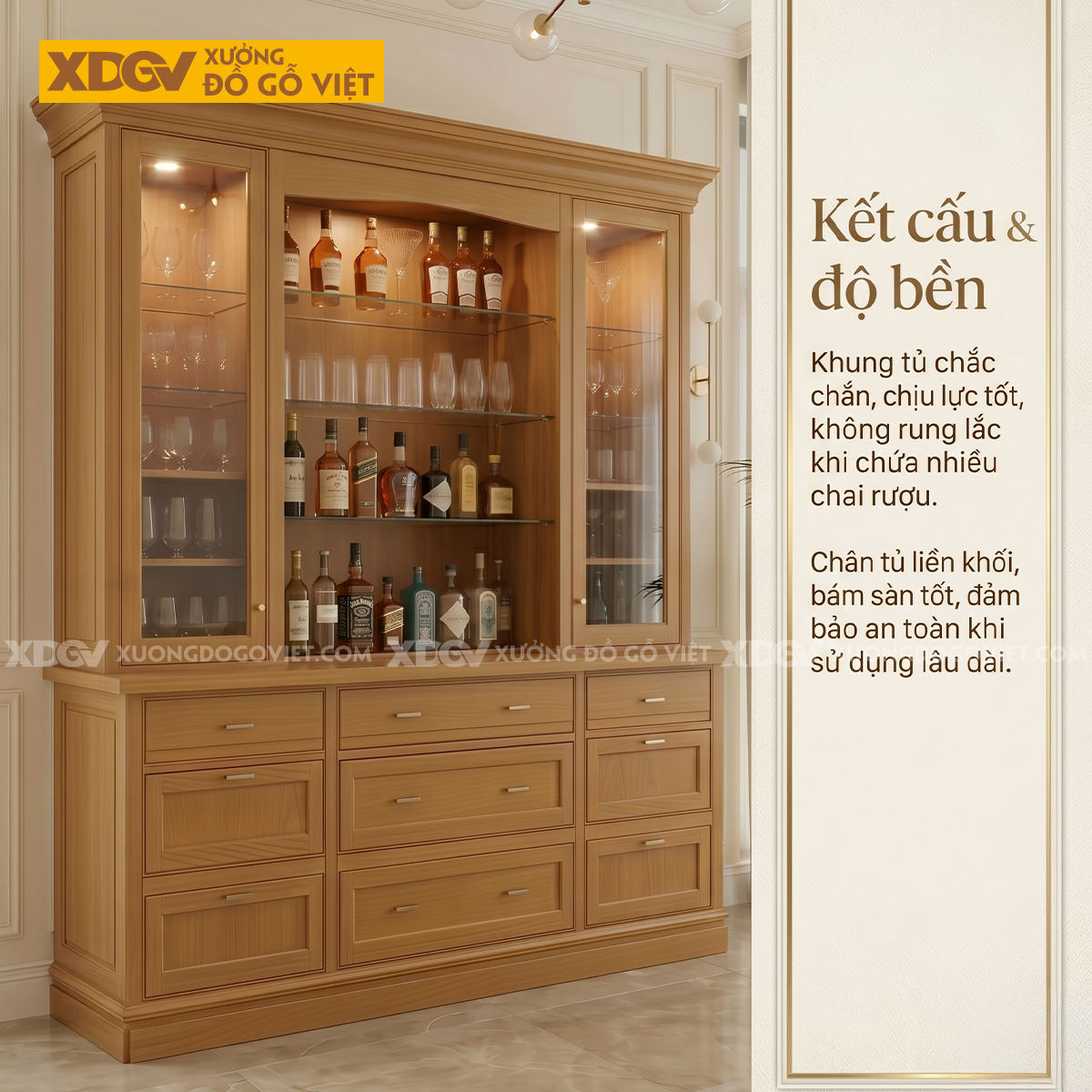 Tủ Để Rượu Gỗ Gõ Đỏ Tân Cổ Điển Phối Ngăn Kéo Siêu Lưu Trữ