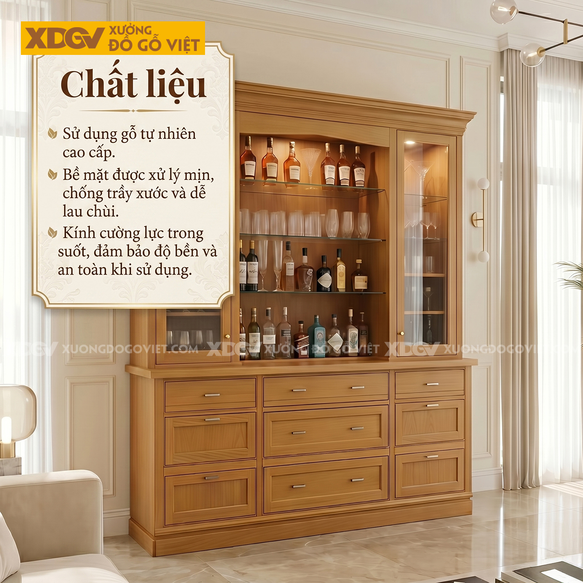 Tủ Để Rượu Gỗ Gõ Đỏ Tân Cổ Điển Phối Ngăn Kéo Siêu Lưu Trữ