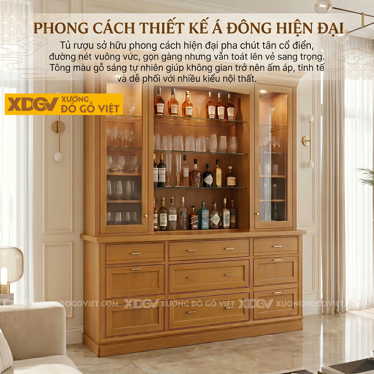 Tủ Để Rượu Gỗ Gõ Đỏ Tân Cổ Điển Phối Ngăn Kéo Siêu Lưu Trữ