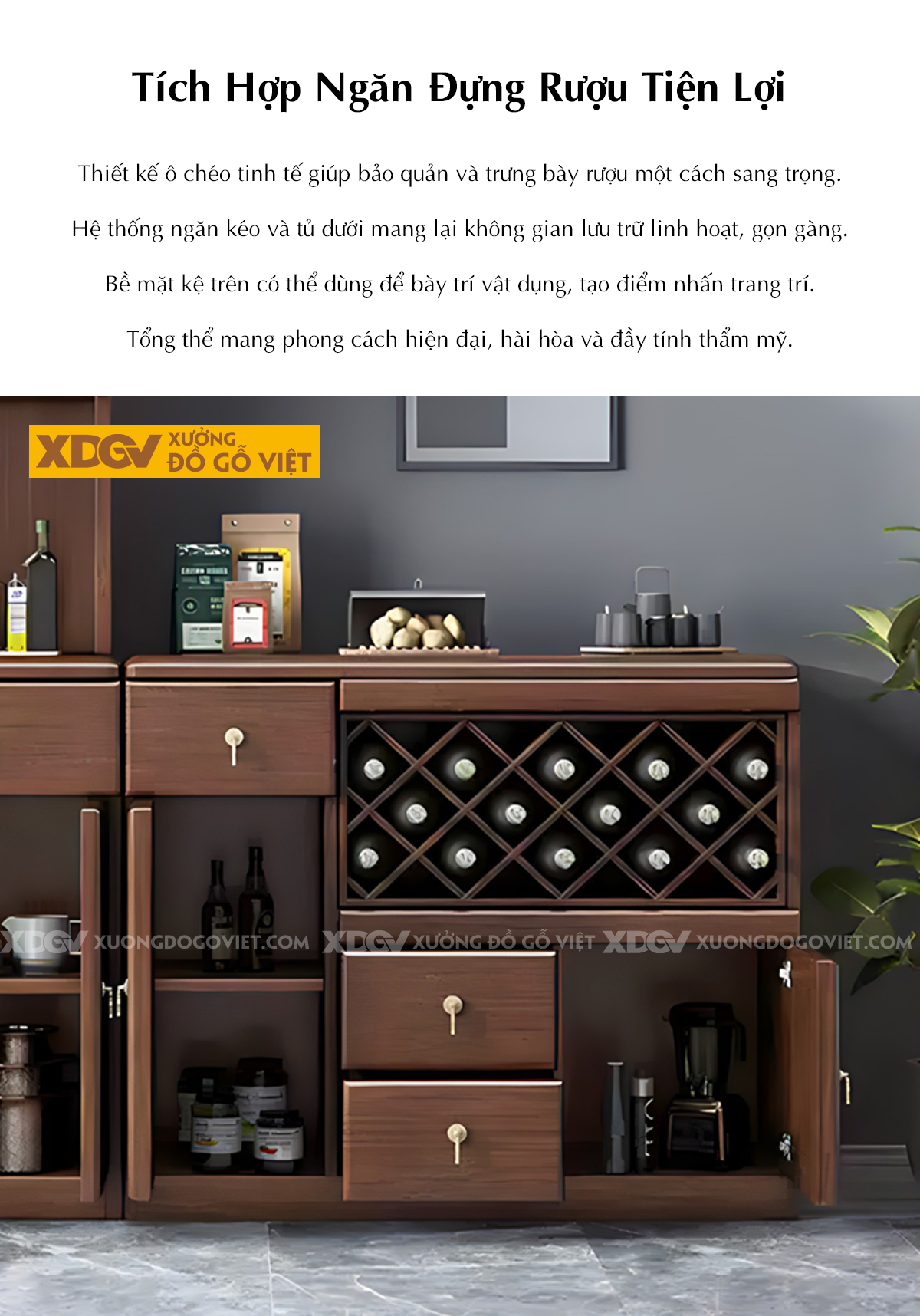 Tủ Để Rượu Gỗ Sồi Kệ Trưng Bày Kính Phối Ô Rượu Chéo Đa Dạng