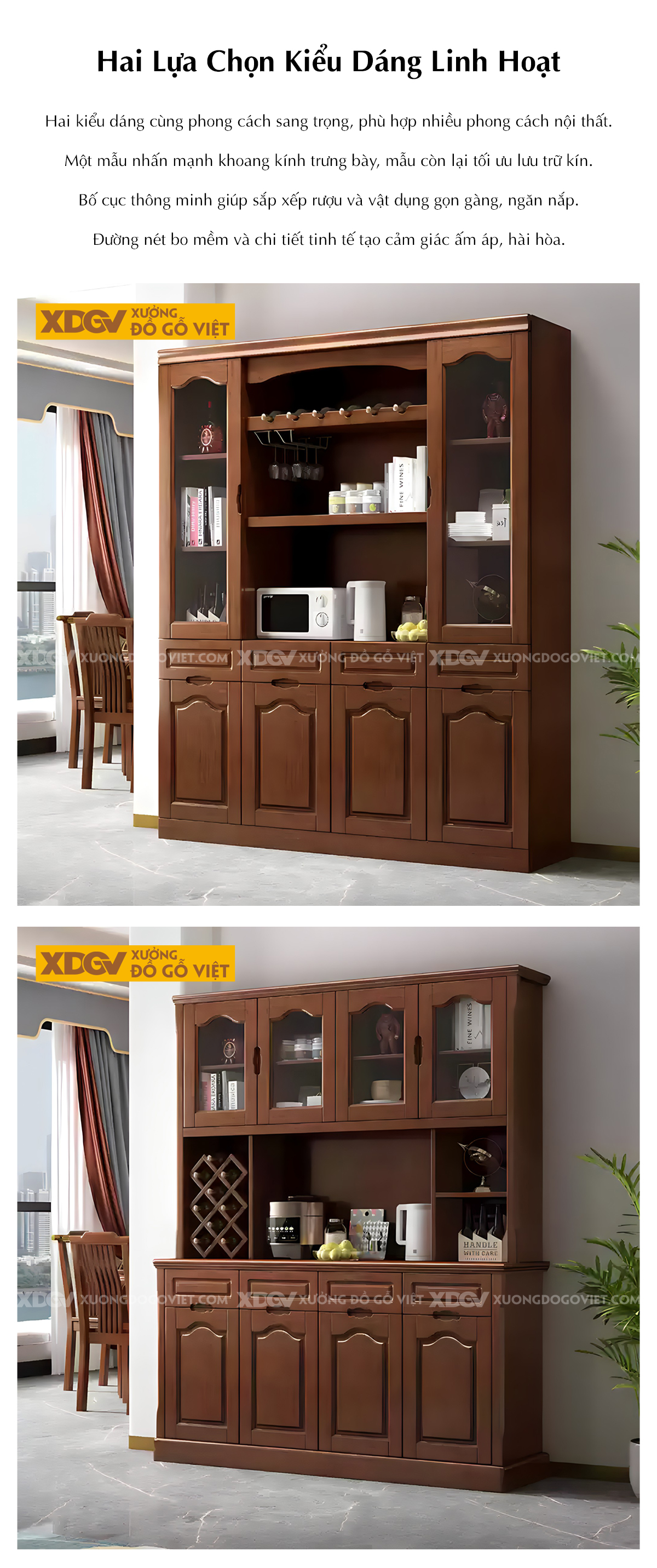 Tủ Để Rượu Phòng Khách Gỗ Cao Su Phối Hợp Cánh Kính Hiện Đại