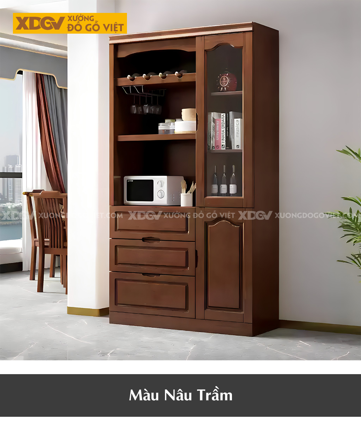 Tủ Để Rượu Phòng Khách Gỗ Cao Su Phối Hợp Cánh Kính Hiện Đại