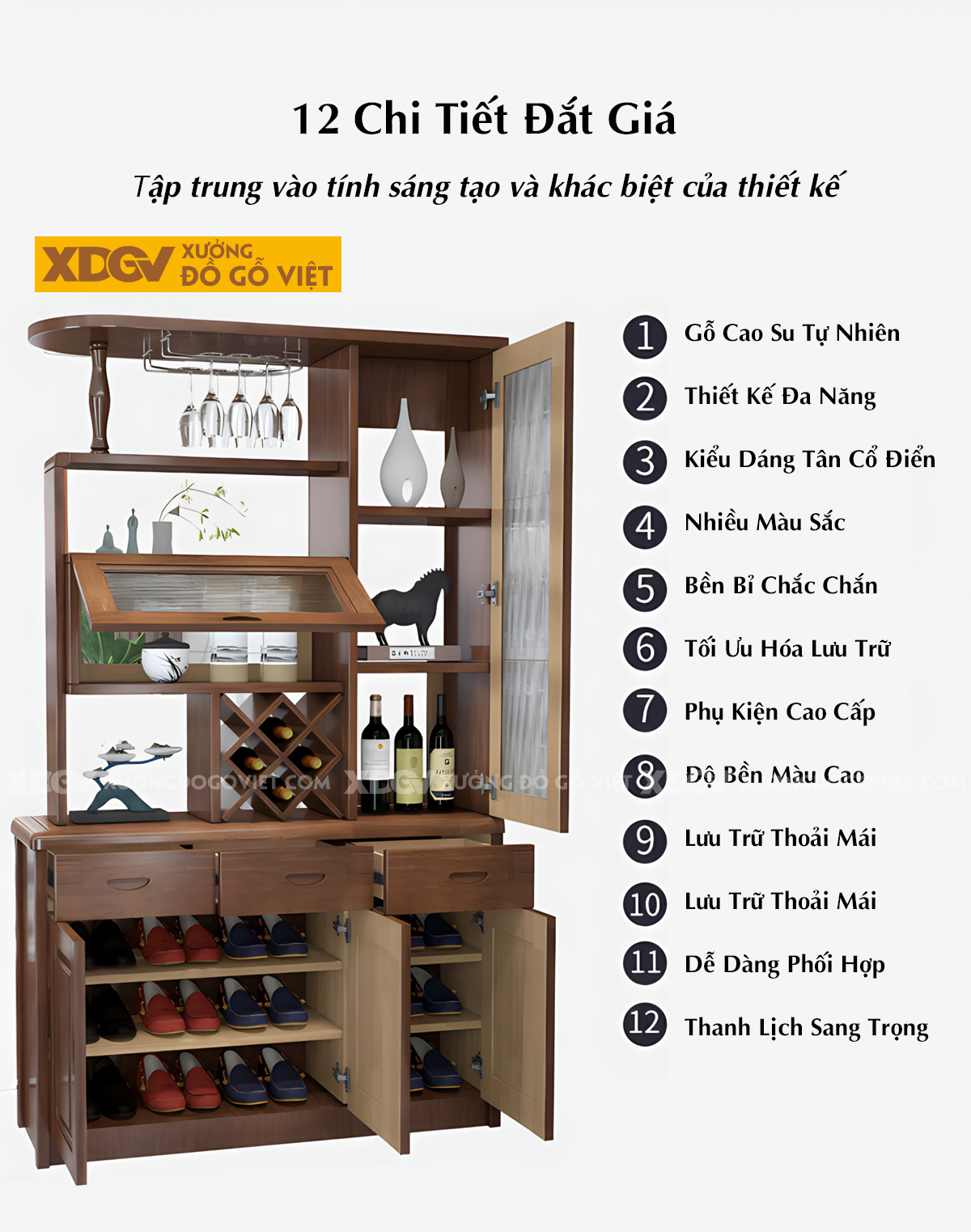 Tủ Để Rượu Trưng Bày Gỗ Cao Su Hiện Đại Kết Hợp Kính Sọc Mờ