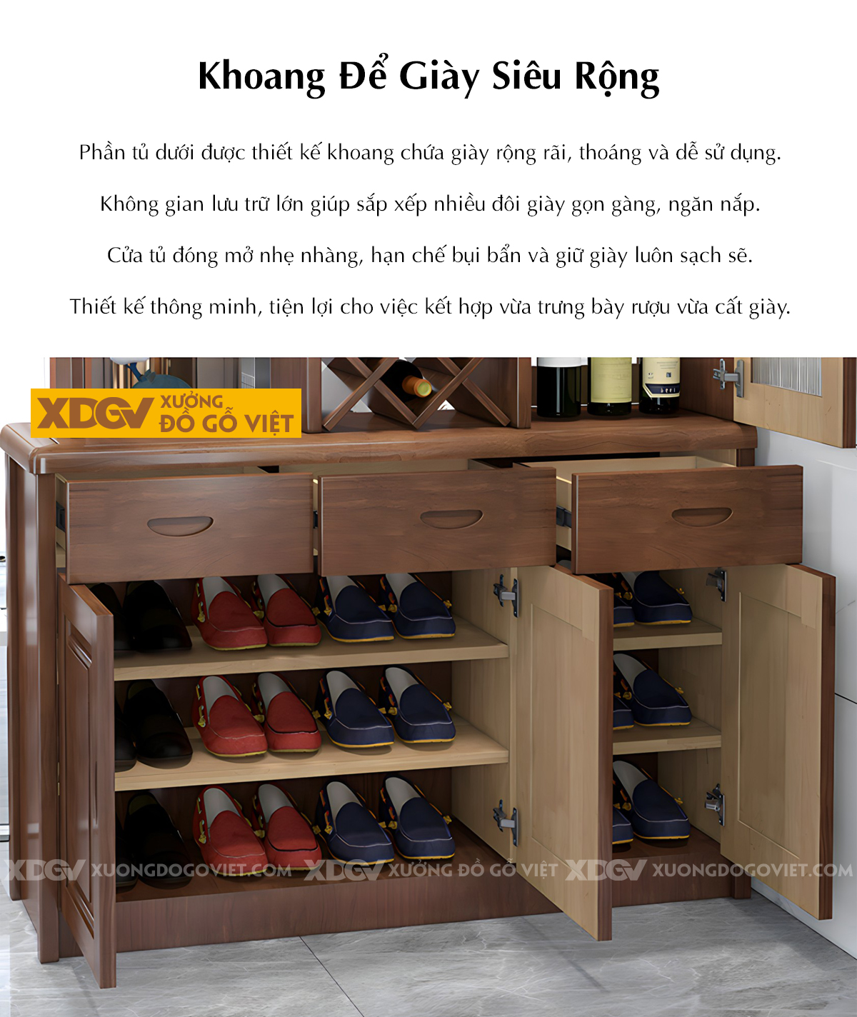 Tủ Để Rượu Trưng Bày Gỗ Cao Su Hiện Đại Kết Hợp Kính Sọc Mờ