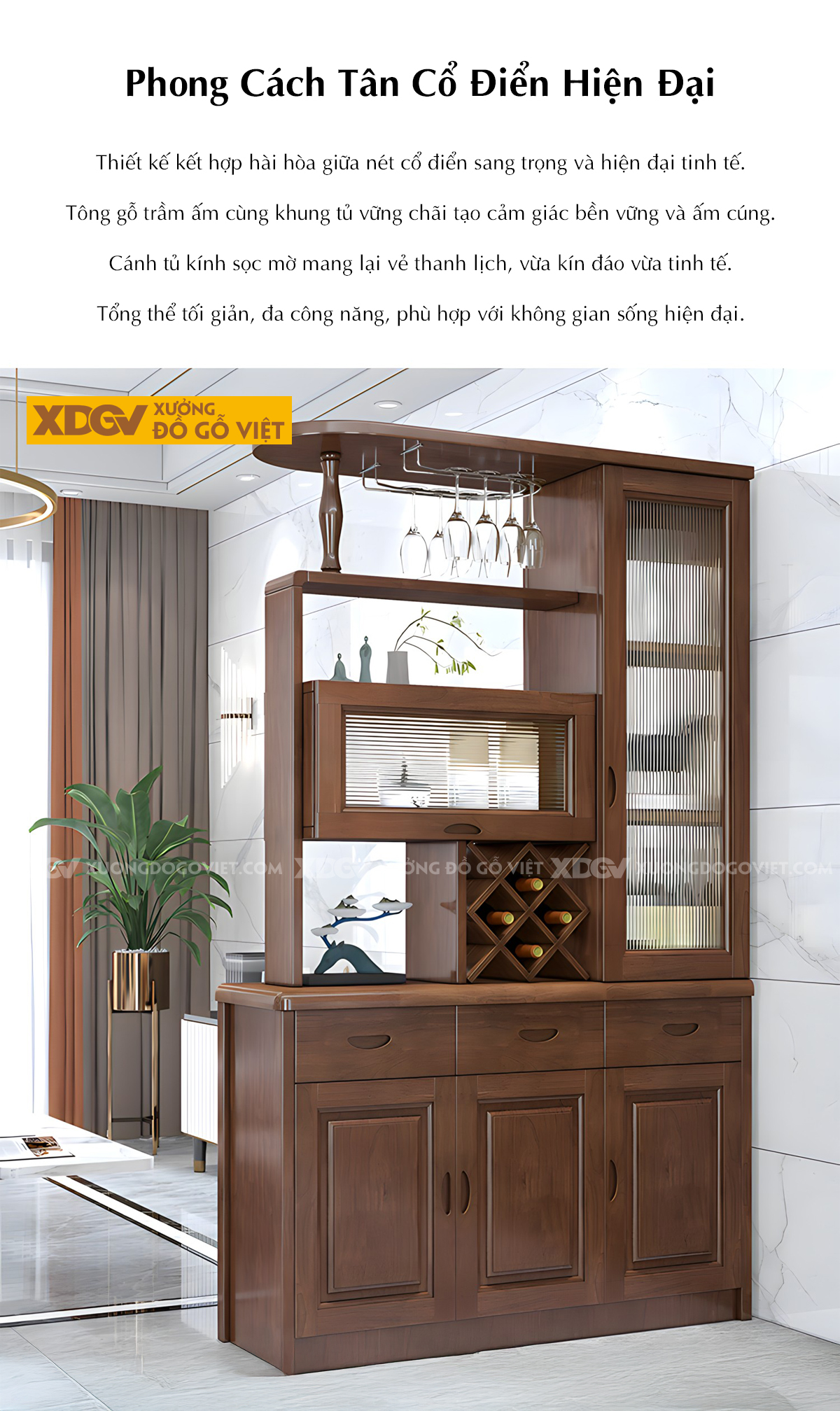 Tủ Để Rượu Trưng Bày Gỗ Cao Su Hiện Đại Kết Hợp Kính Sọc Mờ