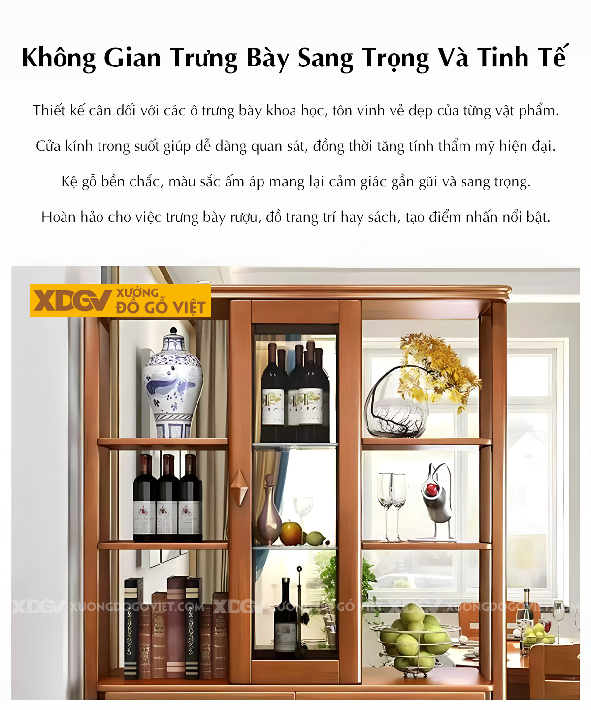 Tủ Để Rượu Trưng Bày Gỗ Cao Su Tân Cổ Điển Tủ Kính Trung Tâm