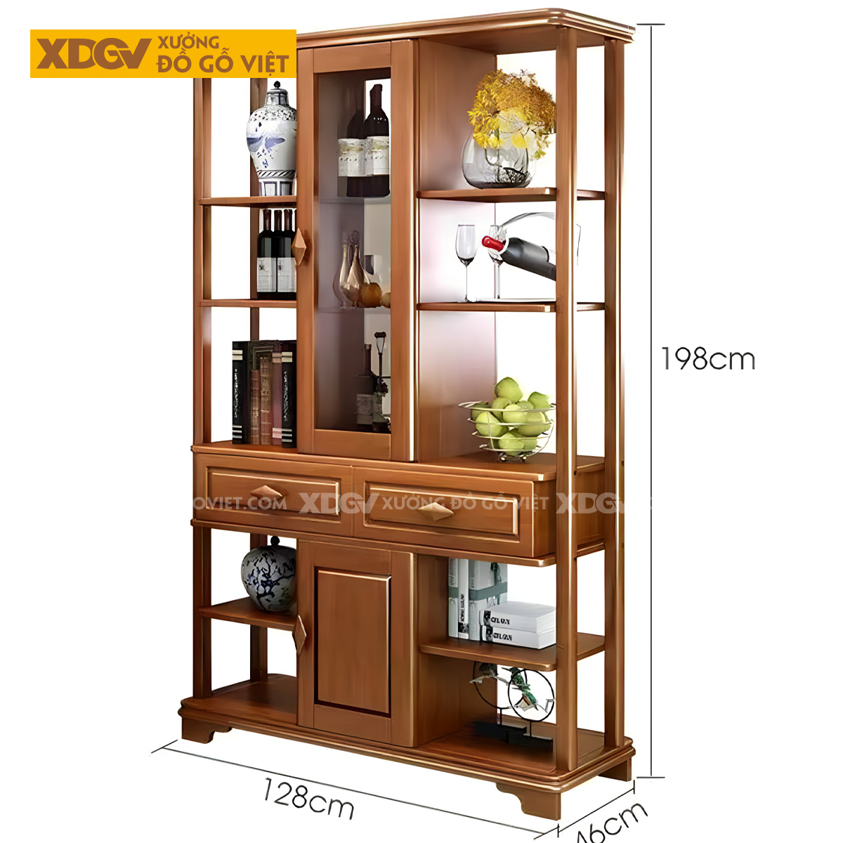 Tủ Để Rượu Trưng Bày Gỗ Cao Su Tân Cổ Điển Tủ Kính Trung Tâm