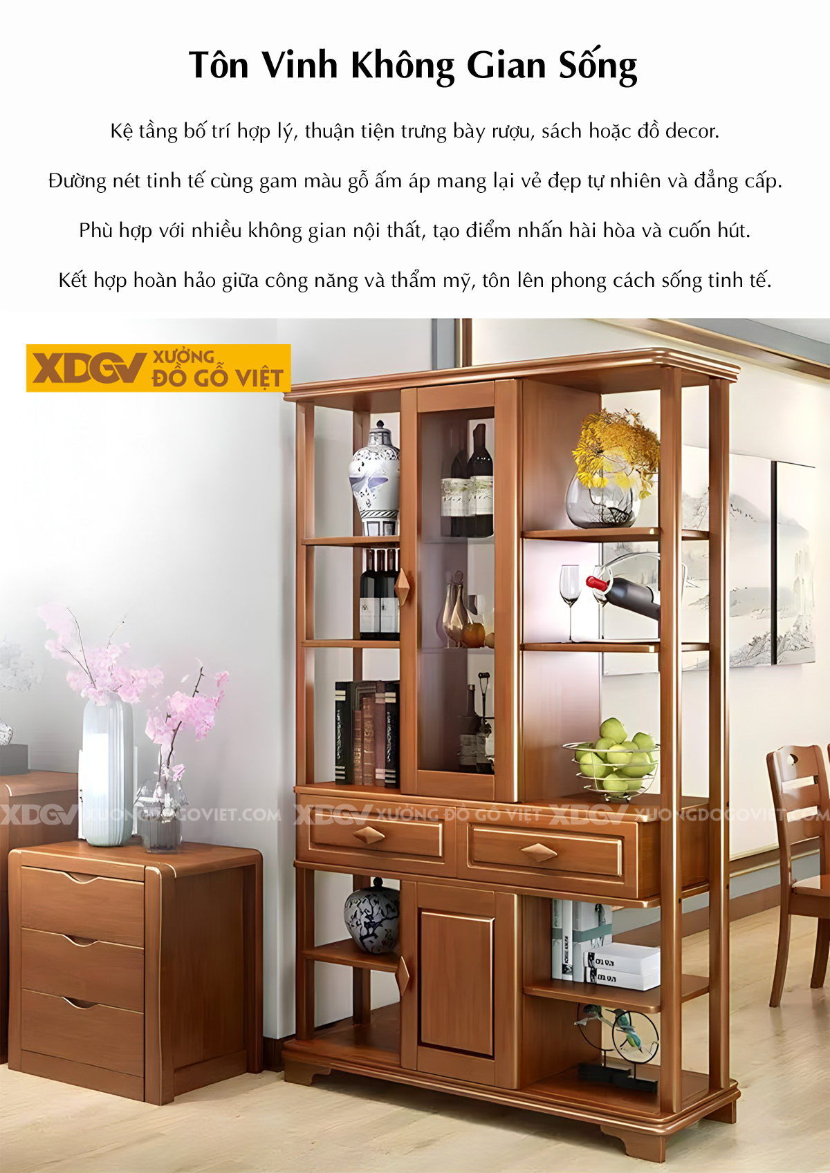 Tủ Để Rượu Trưng Bày Gỗ Cao Su Tân Cổ Điển Tủ Kính Trung Tâm