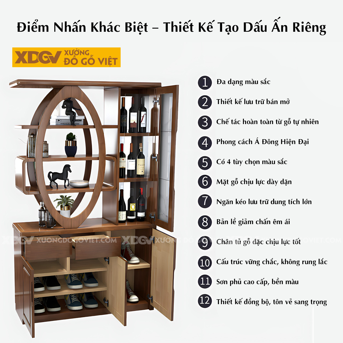 Tủ Để Rượu Trưng Bày Phòng Khách Gỗ Cao Su Vách Ngăn Kệ Oval