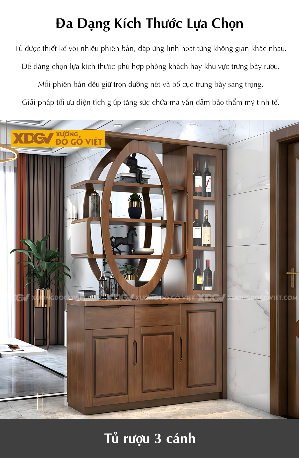 Tủ Để Rượu Trưng Bày Phòng Khách Gỗ Cao Su Vách Ngăn Kệ Oval