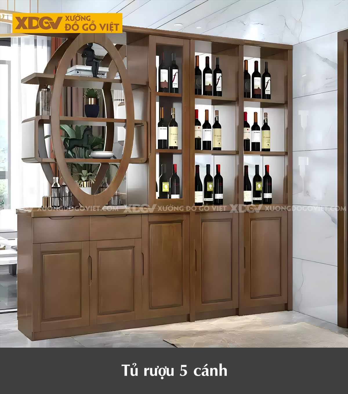 Tủ Để Rượu Trưng Bày Phòng Khách Gỗ Cao Su Vách Ngăn Kệ Oval