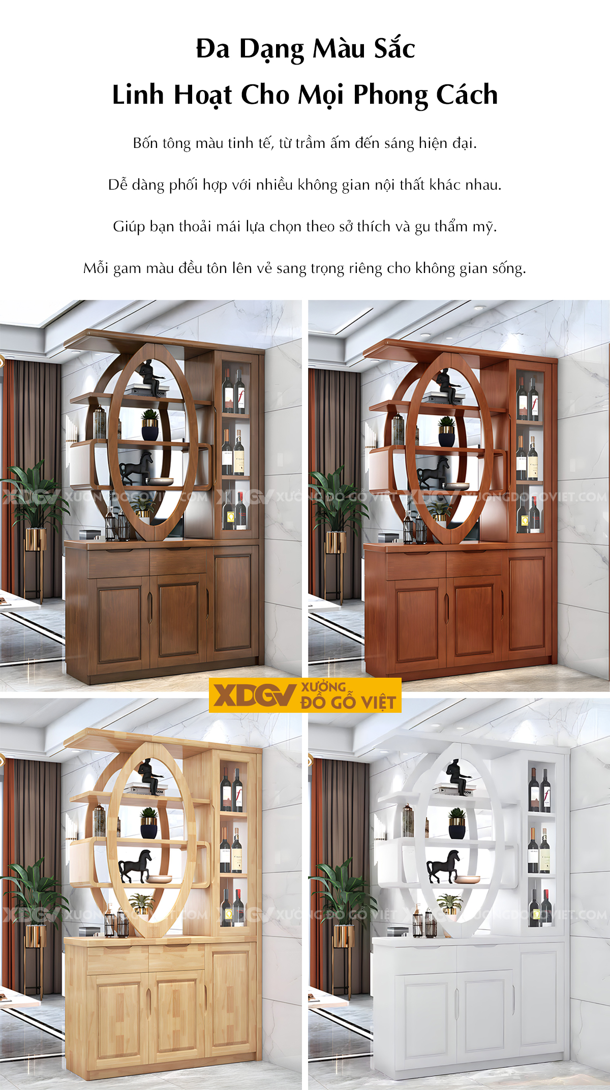 Tủ Để Rượu Trưng Bày Phòng Khách Gỗ Cao Su Vách Ngăn Kệ Oval