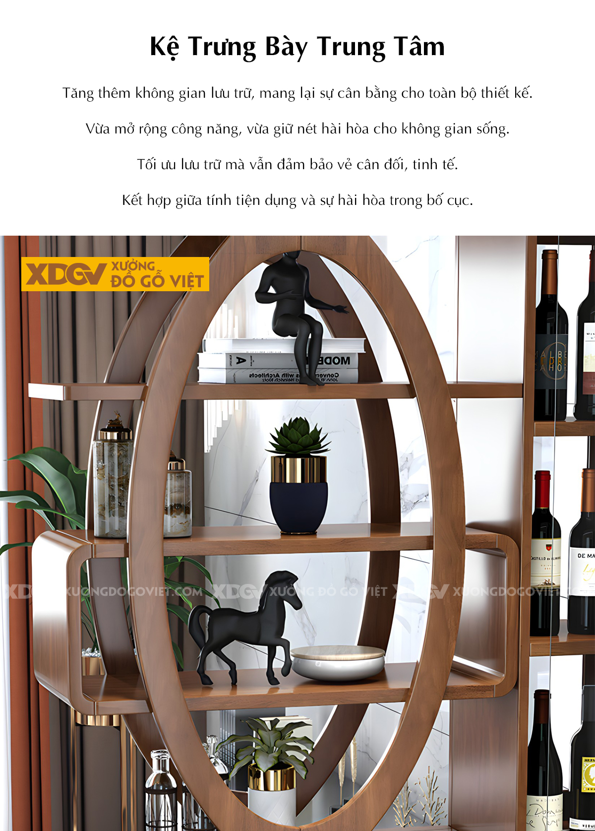 Tủ Để Rượu Trưng Bày Phòng Khách Gỗ Cao Su Vách Ngăn Kệ Oval