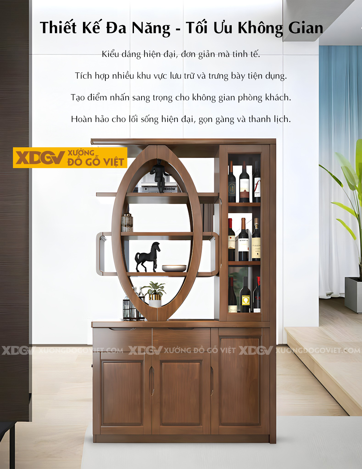 Tủ Để Rượu Trưng Bày Phòng Khách Gỗ Cao Su Vách Ngăn Kệ Oval