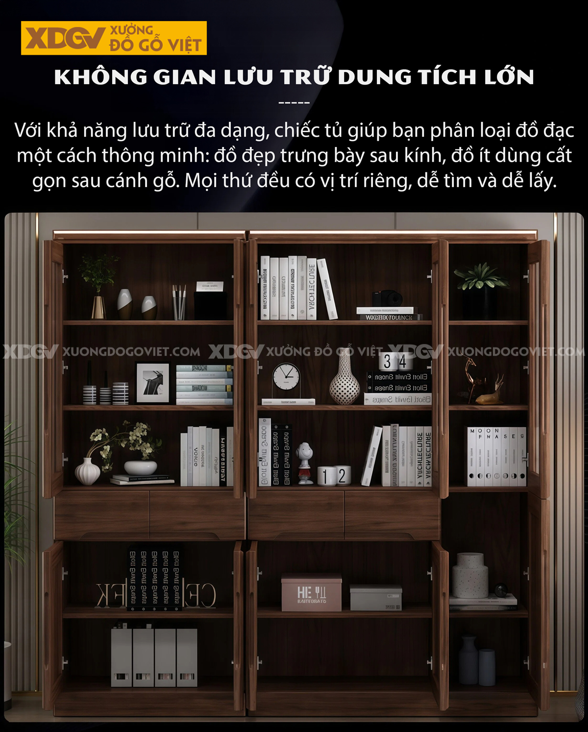 Tủ Để Sách Gỗ Óc Chó Phối Cánh Kính Kèm Tay Nắm Âm Tinh Tế