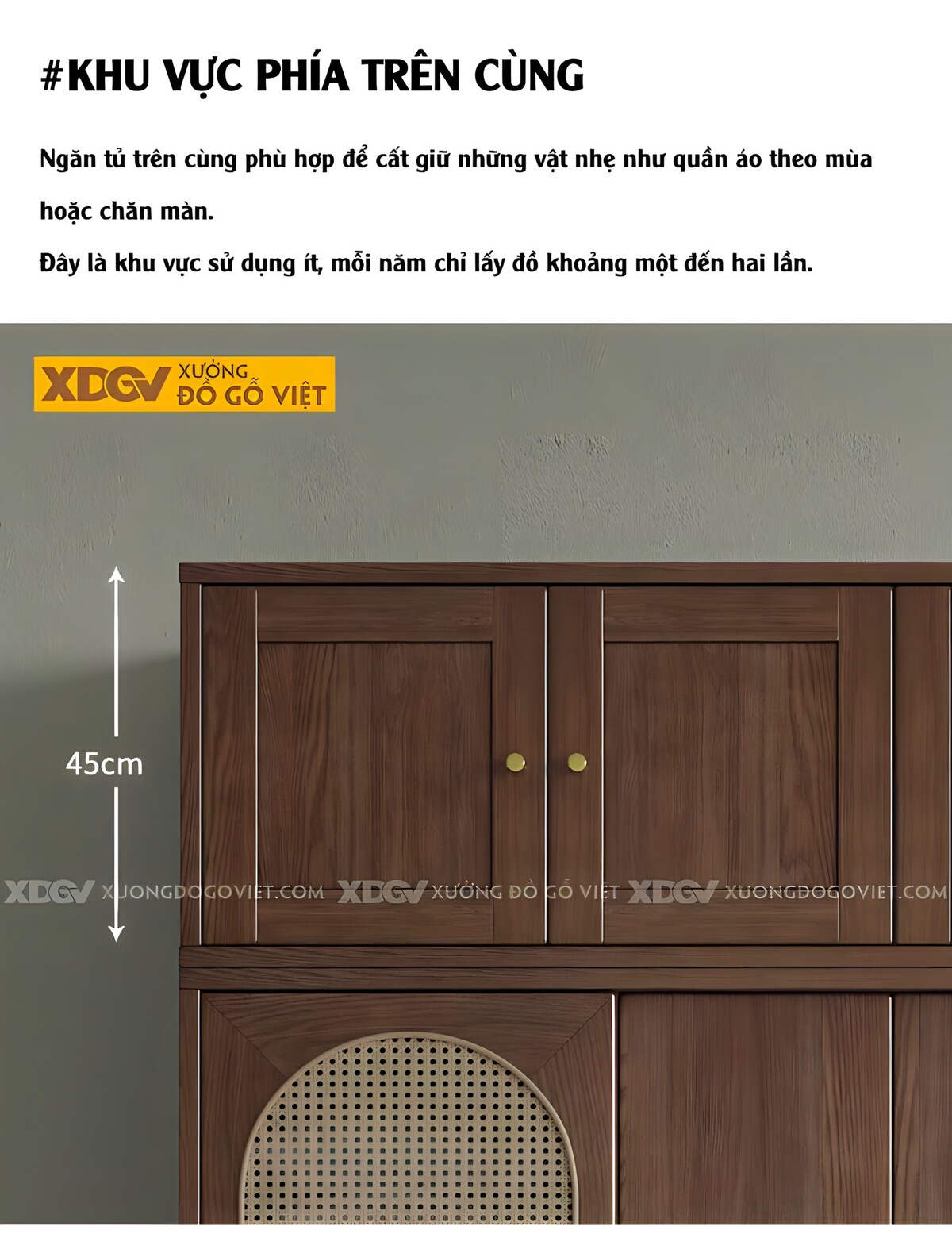 Tủ Đựng Áo Gỗ Óc Chó Chân Cao Cánh Đan Mây Có Tủ Trên Kệ Bên