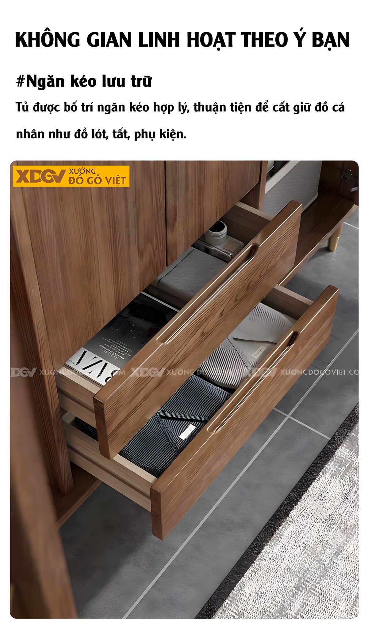 Tủ Đựng Áo Gỗ Óc Chó Chân Cao Cánh Đan Mây Có Tủ Trên Kệ Bên