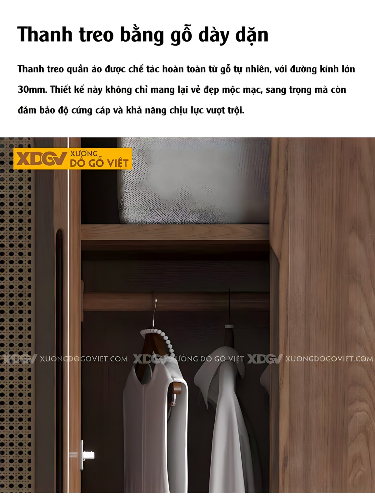 Tủ Đựng Áo Gỗ Óc Chó Chân Cao Cánh Đan Mây Có Tủ Trên Kệ Bên