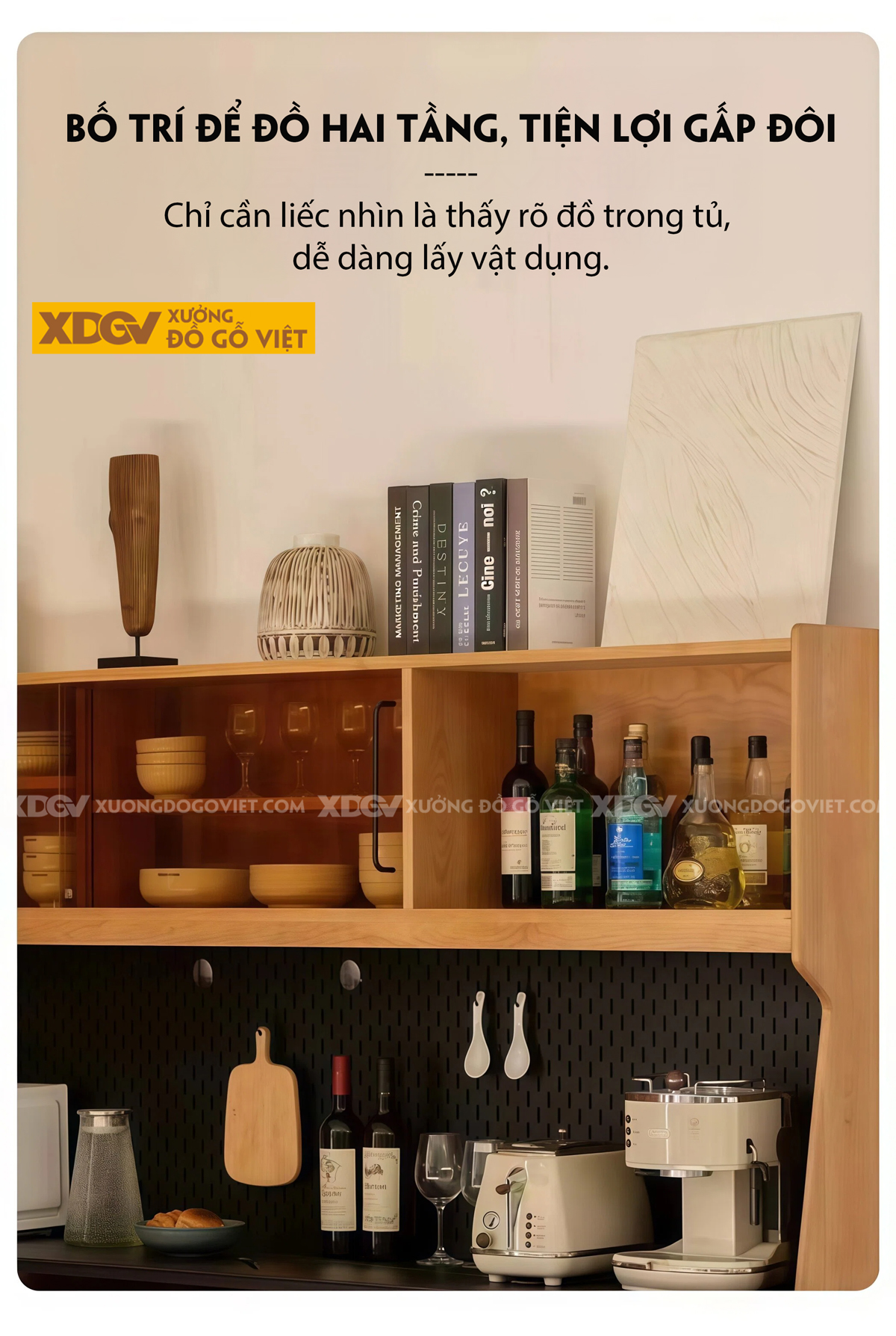 Tủ Đựng Chén Bát Gỗ Sồi Chân Bệt Kèm Bảng Lỗ Treo Tiện Lợi