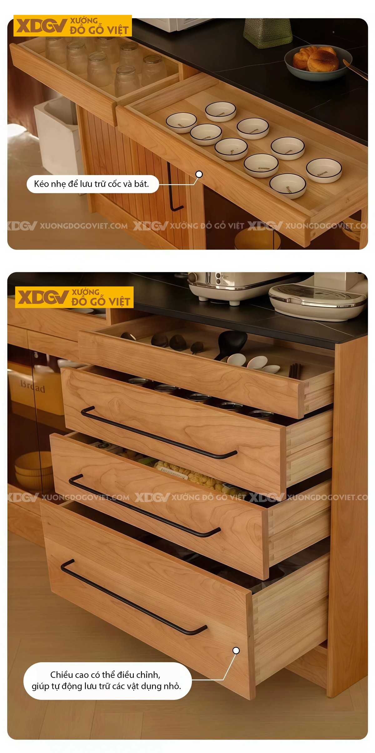 Tủ Đựng Chén Bát Gỗ Sồi Chân Bệt Kèm Bảng Lỗ Treo Tiện Lợi