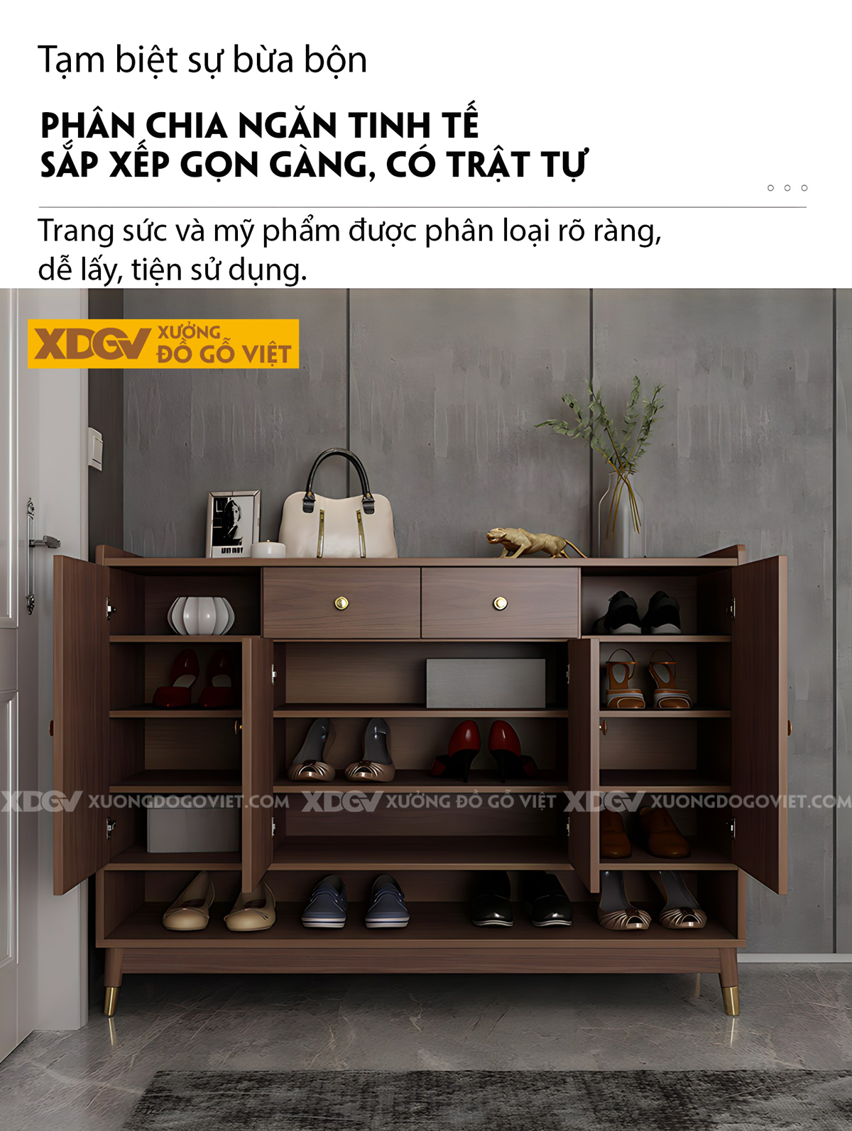 Tủ Đựng Giày Gỗ MDF 4 Cánh Chân Thấp Có Ngăn Hở Dưới