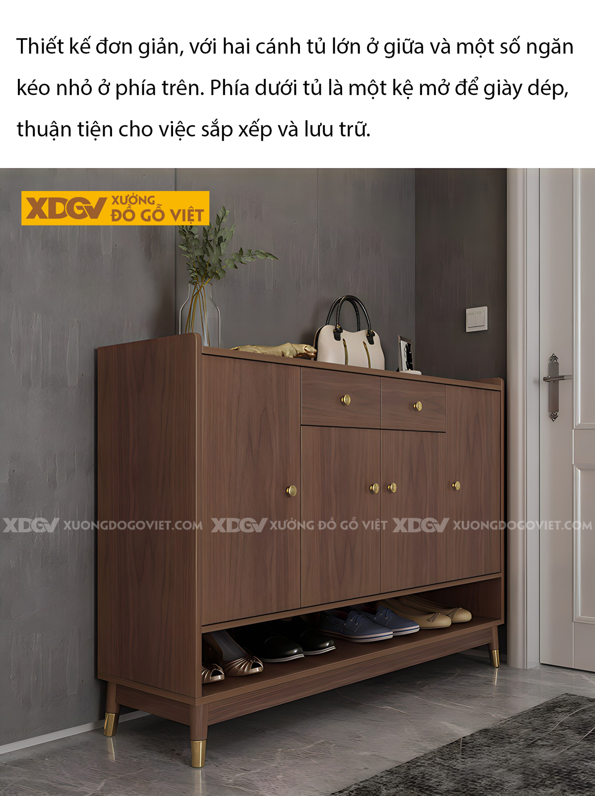 Tủ Đựng Giày Gỗ MDF 4 Cánh Chân Thấp Có Ngăn Hở Dưới
