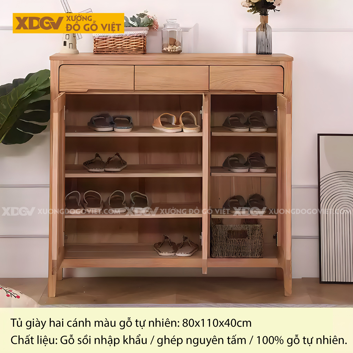 Tủ Đựng Giày Gỗ Sồi Chân Cao Cánh Bo Góc Ngăn Kéo Trên