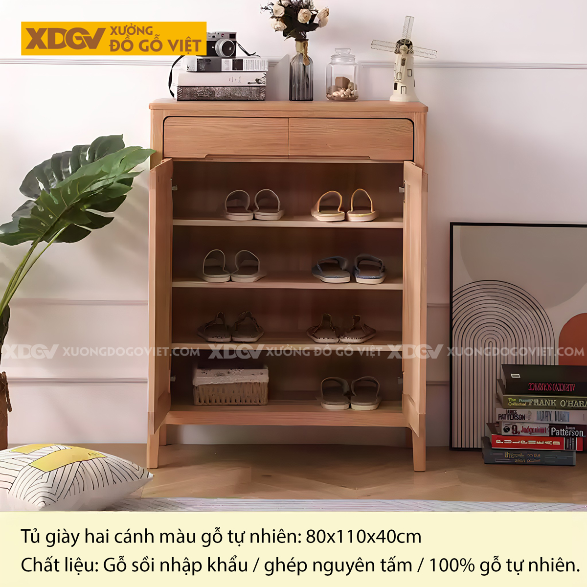 Tủ Đựng Giày Gỗ Sồi Chân Cao Cánh Bo Góc Ngăn Kéo Trên