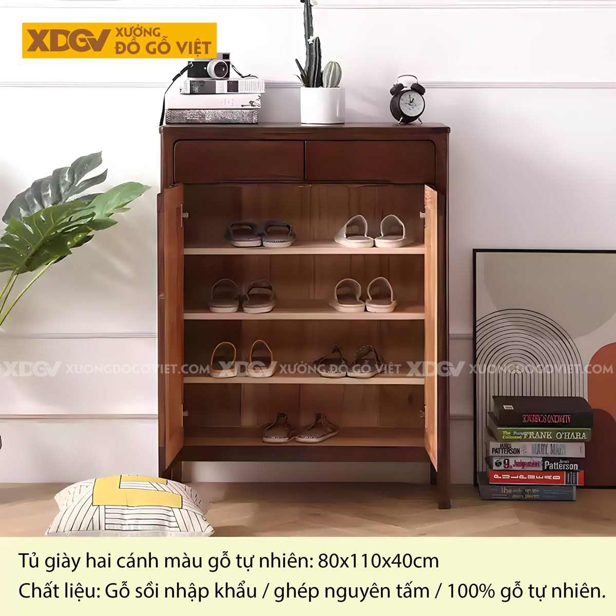 Tủ Đựng Giày Gỗ Sồi Chân Cao Cánh Bo Góc Ngăn Kéo Trên