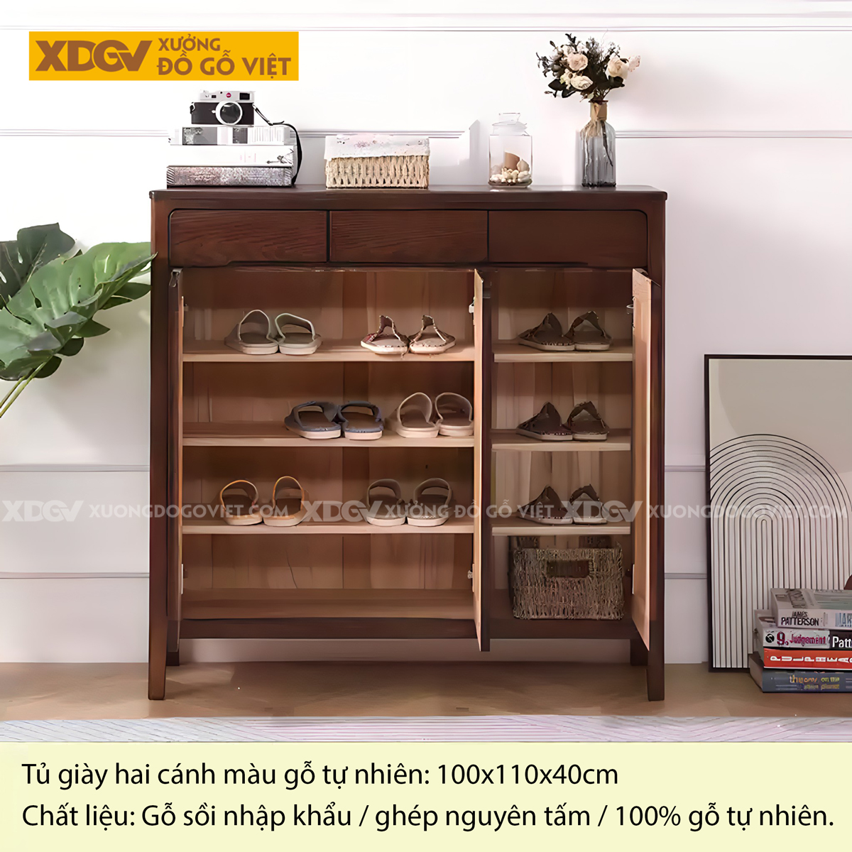 Tủ Đựng Giày Gỗ Sồi Chân Cao Cánh Bo Góc Ngăn Kéo Trên