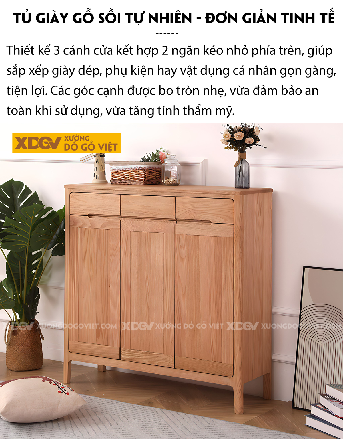 Tủ Đựng Giày Gỗ Sồi Chân Cao Cánh Bo Góc Ngăn Kéo Trên