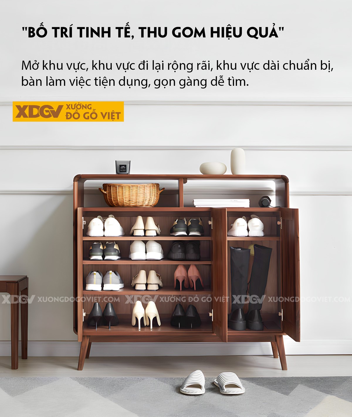 Tủ Đựng Giày Óc Chó Bo Tròn Góc Cánh Pano Vân Gỗ Tự Nhiên