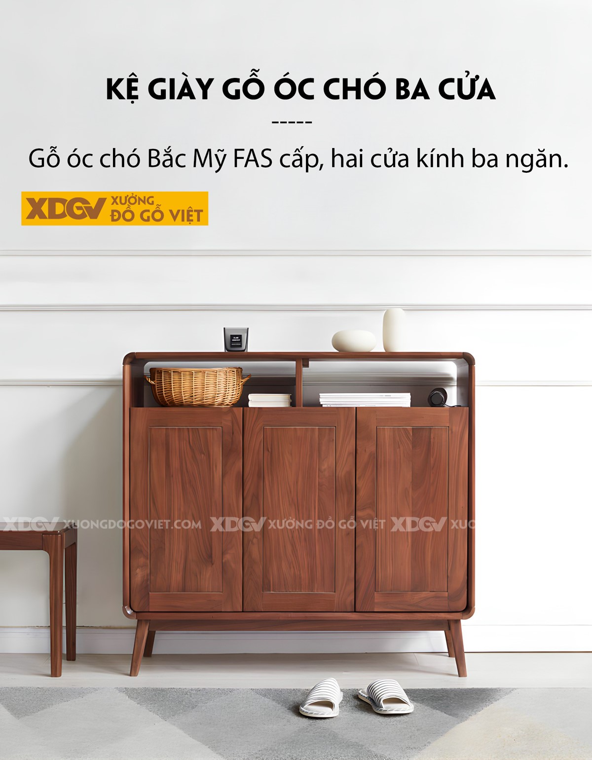 Tủ Đựng Giày Óc Chó Bo Tròn Góc Cánh Pano Vân Gỗ Tự Nhiên