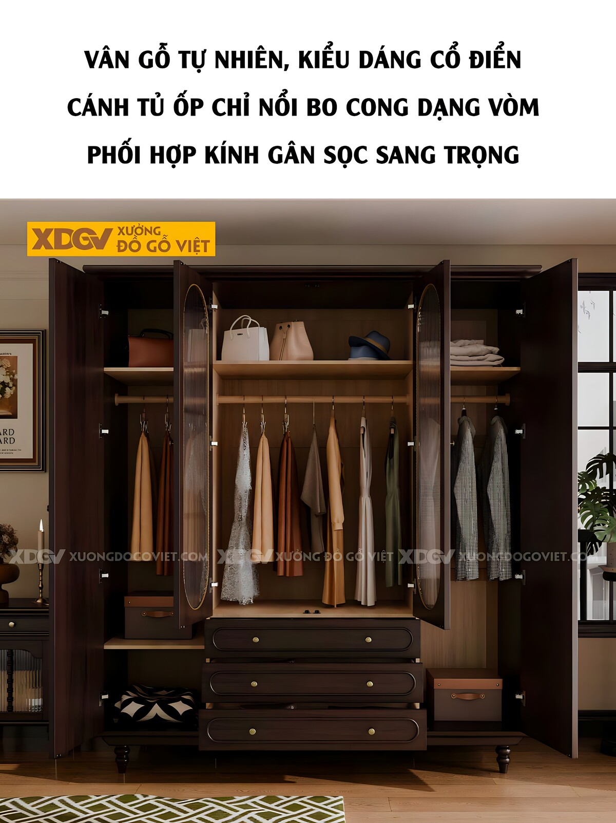 Tủ Đựng Quần Áo Veneer Óc Chó 4 Cánh Cong Vòm Kính Gân Mờ