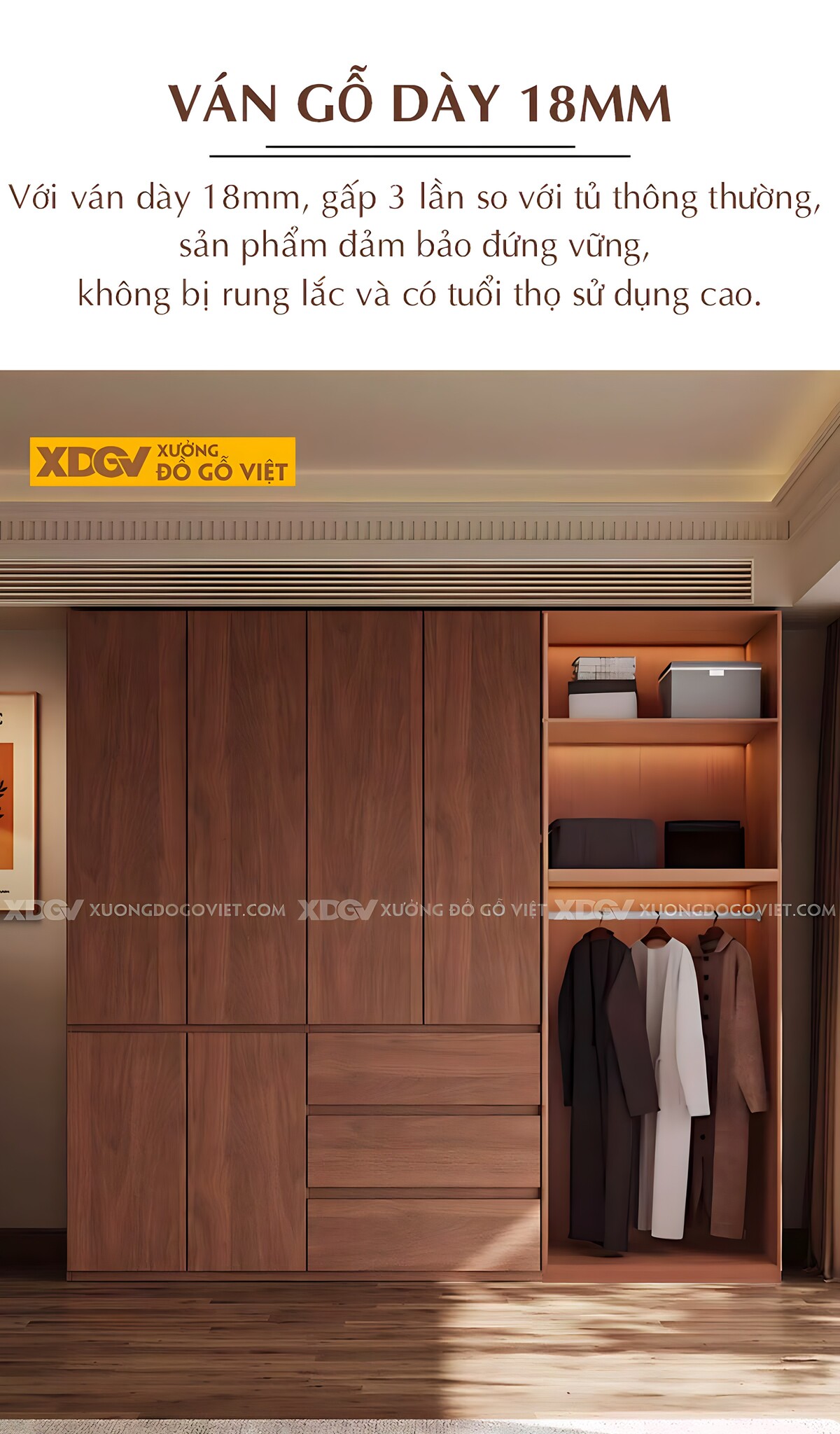 Tủ Đựng Quần Áo Veneer Óc Chó Kịch Trần Hiện Đại Sang Trọng