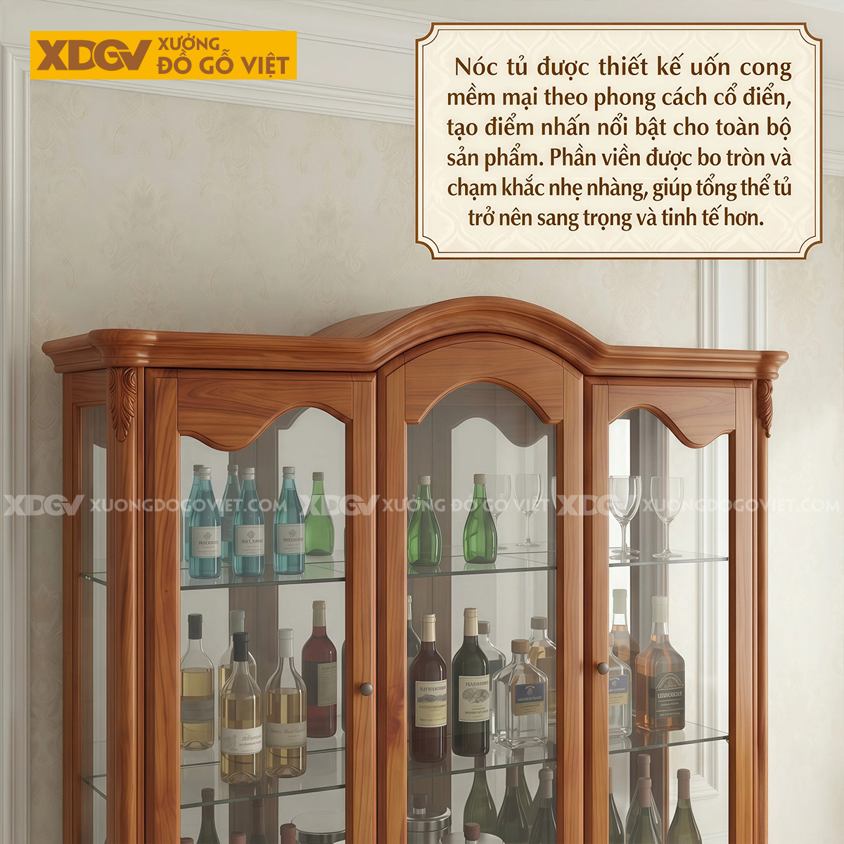 Tủ Đựng Rượu Gỗ Gõ Đỏ Tân Cổ Điển Thiết Kế Cánh Vòm Chân Quỳ