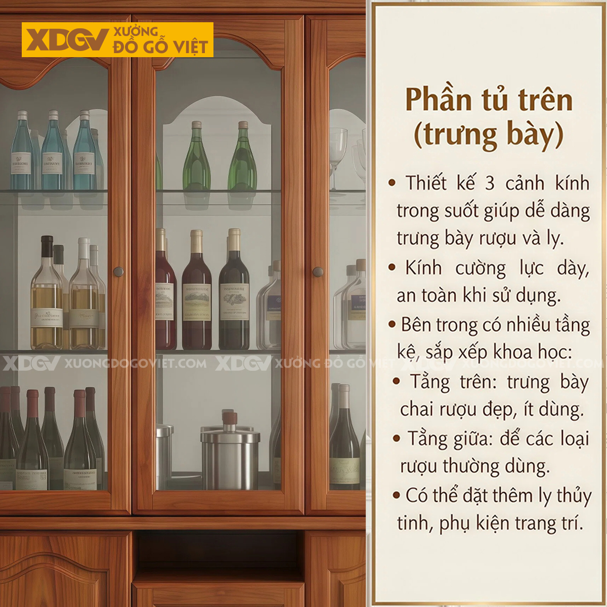 Tủ Đựng Rượu Gỗ Gõ Đỏ Tân Cổ Điển Thiết Kế Cánh Vòm Chân Quỳ