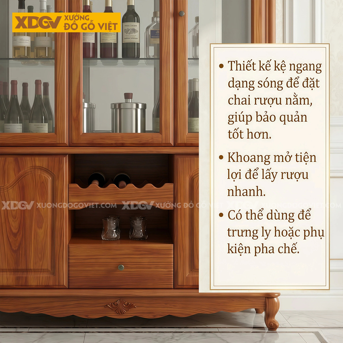 Tủ Đựng Rượu Gỗ Gõ Đỏ Tân Cổ Điển Thiết Kế Cánh Vòm Chân Quỳ