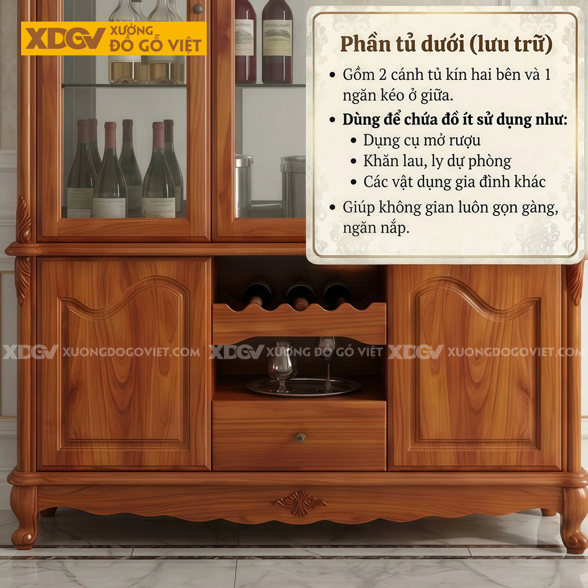 Tủ Đựng Rượu Gỗ Gõ Đỏ Tân Cổ Điển Thiết Kế Cánh Vòm Chân Quỳ