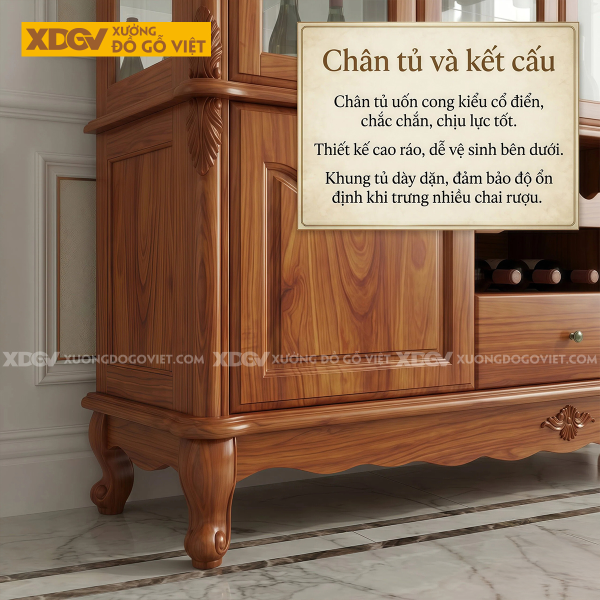Tủ Đựng Rượu Gỗ Gõ Đỏ Tân Cổ Điển Thiết Kế Cánh Vòm Chân Quỳ