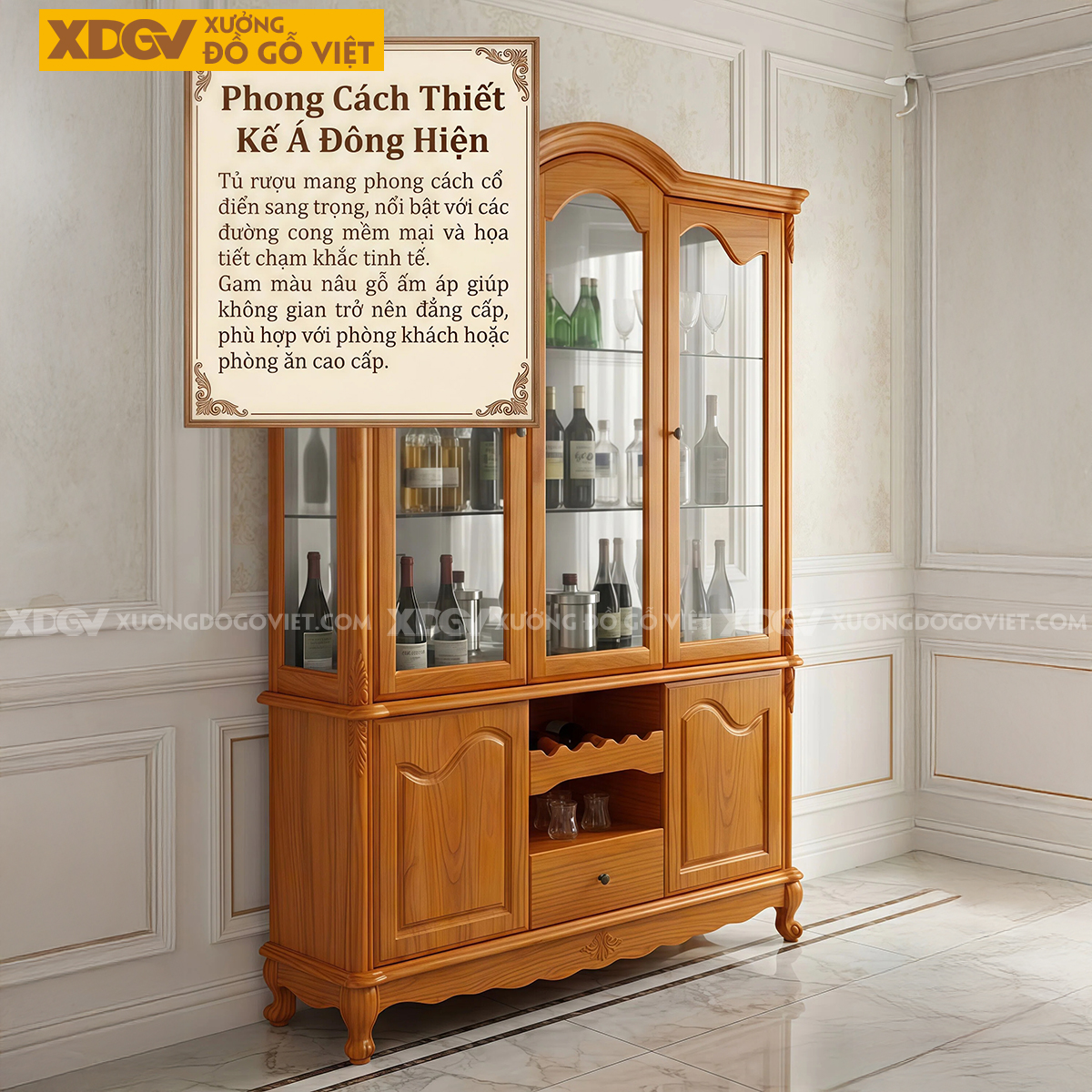 Tủ Đựng Rượu Gỗ Gõ Đỏ Tân Cổ Điển Thiết Kế Cánh Vòm Chân Quỳ