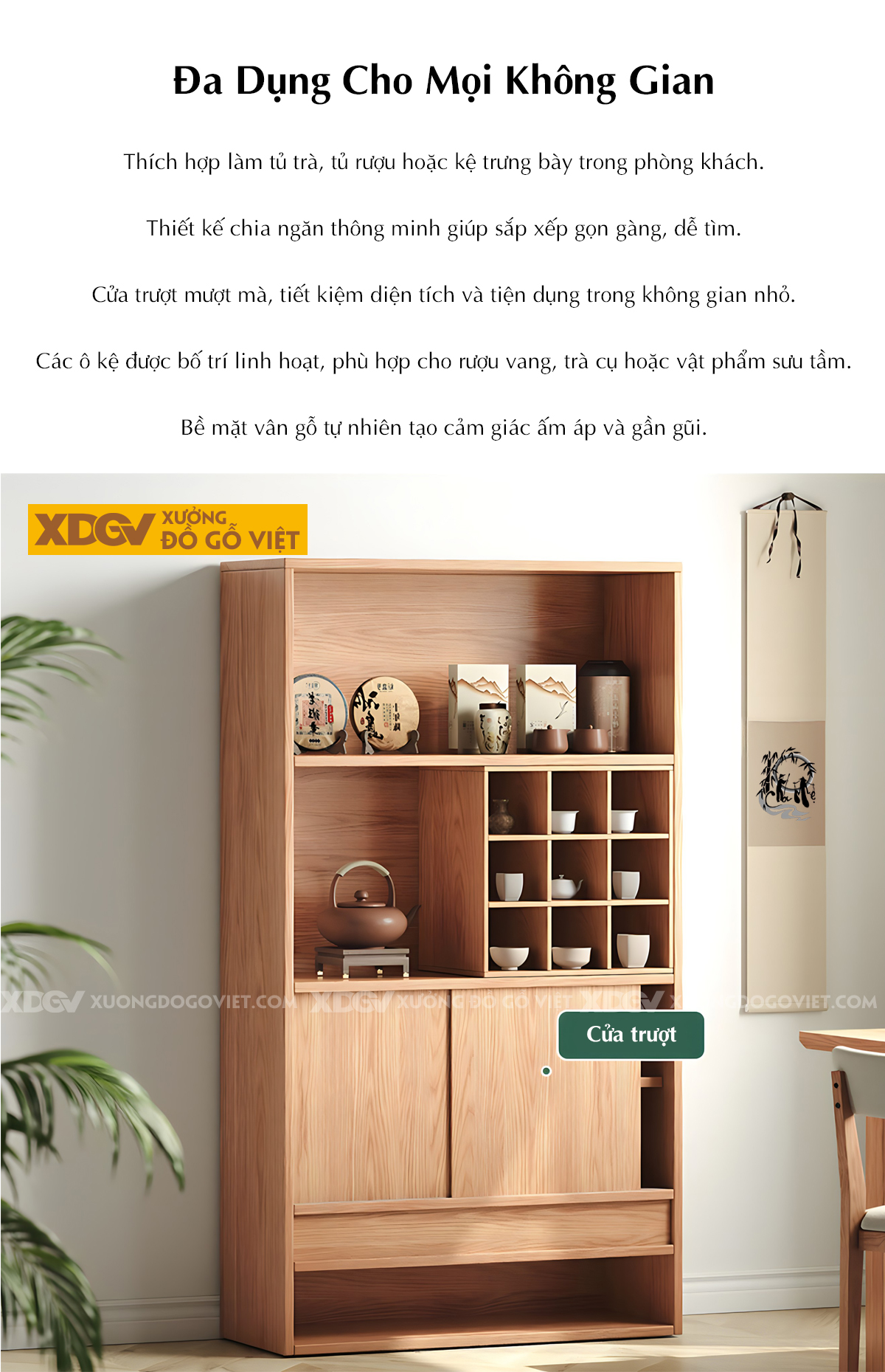 Tủ Đựng Rượu Gỗ Sồi Kệ Chia Ngăn Hộc Vuông 2 Cánh Lùa Dưới