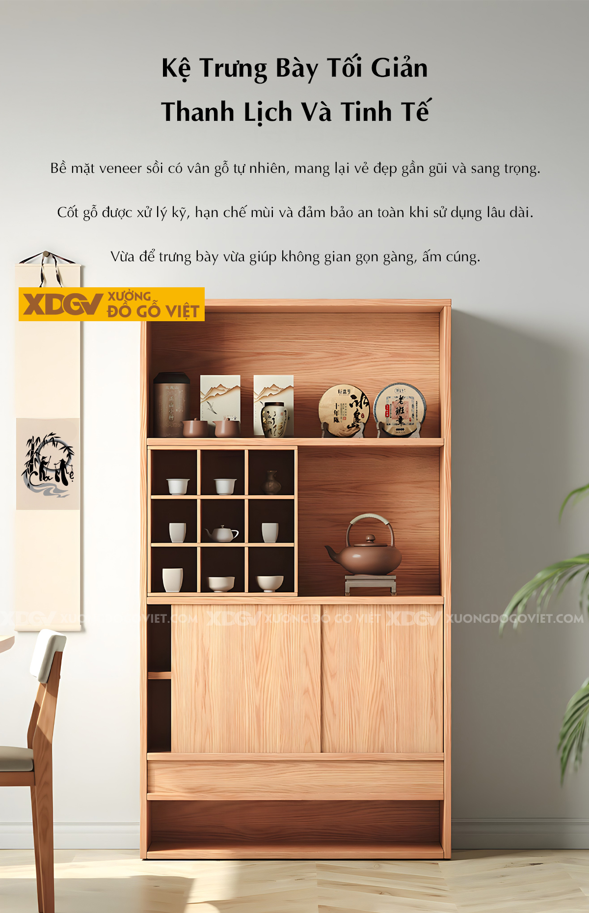 Tủ Đựng Rượu Gỗ Sồi Kệ Chia Ngăn Hộc Vuông 2 Cánh Lùa Dưới