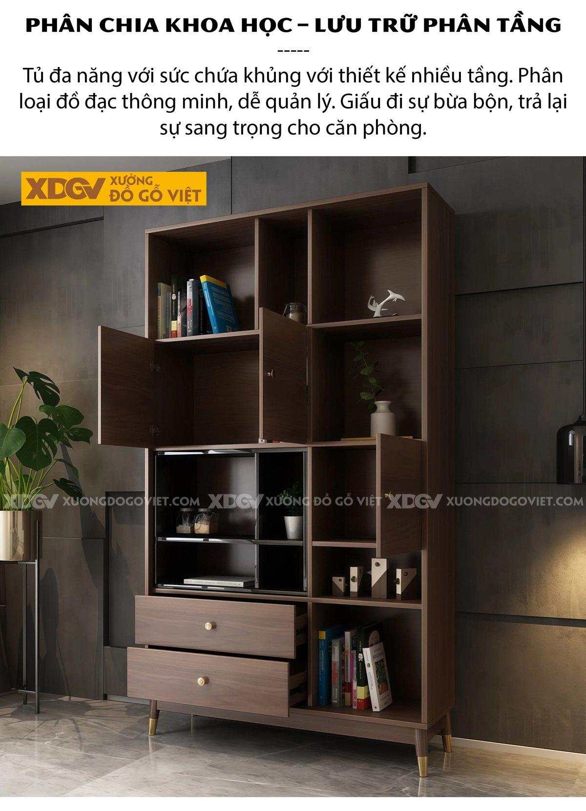 Tủ Đựng Sách Gỗ MDF Bố Cục Đa Ngăn Lưu Trữ Phối Kèm Chân Côn