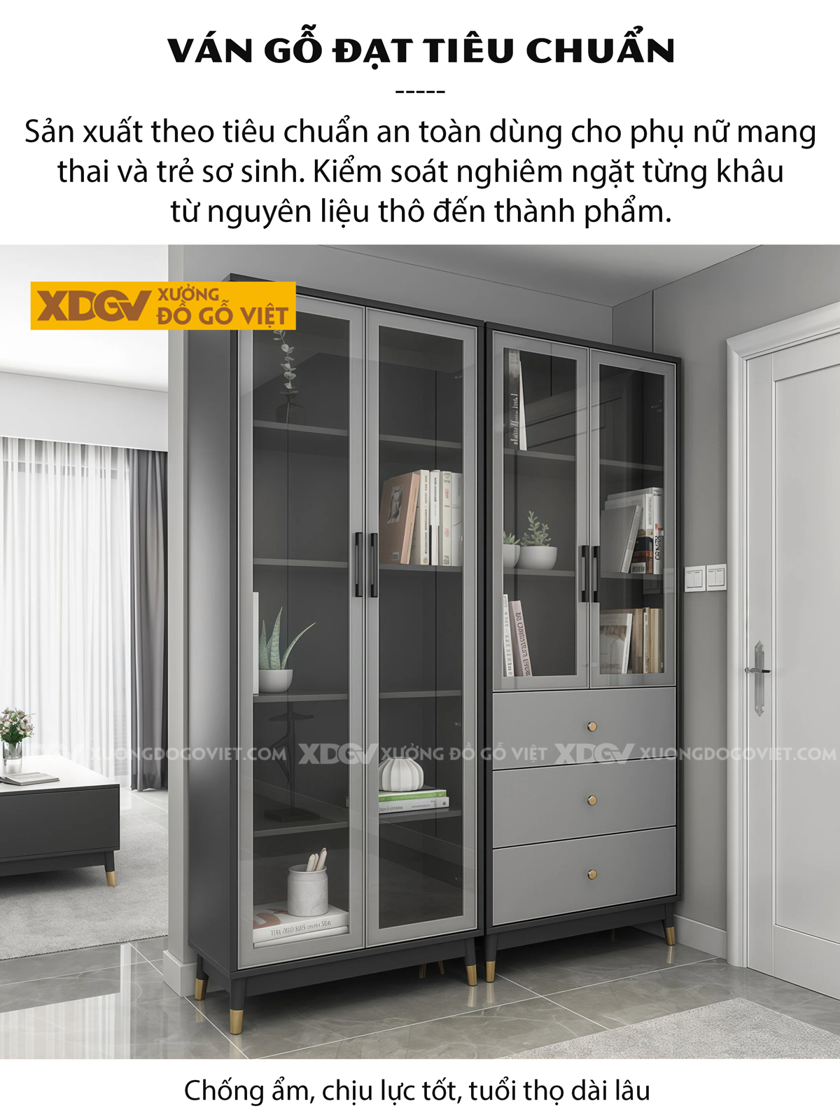 Tủ Đựng Sách Văn Phòng Gỗ MDF Chân Côn Bọc Kim Kèm Cánh Kính