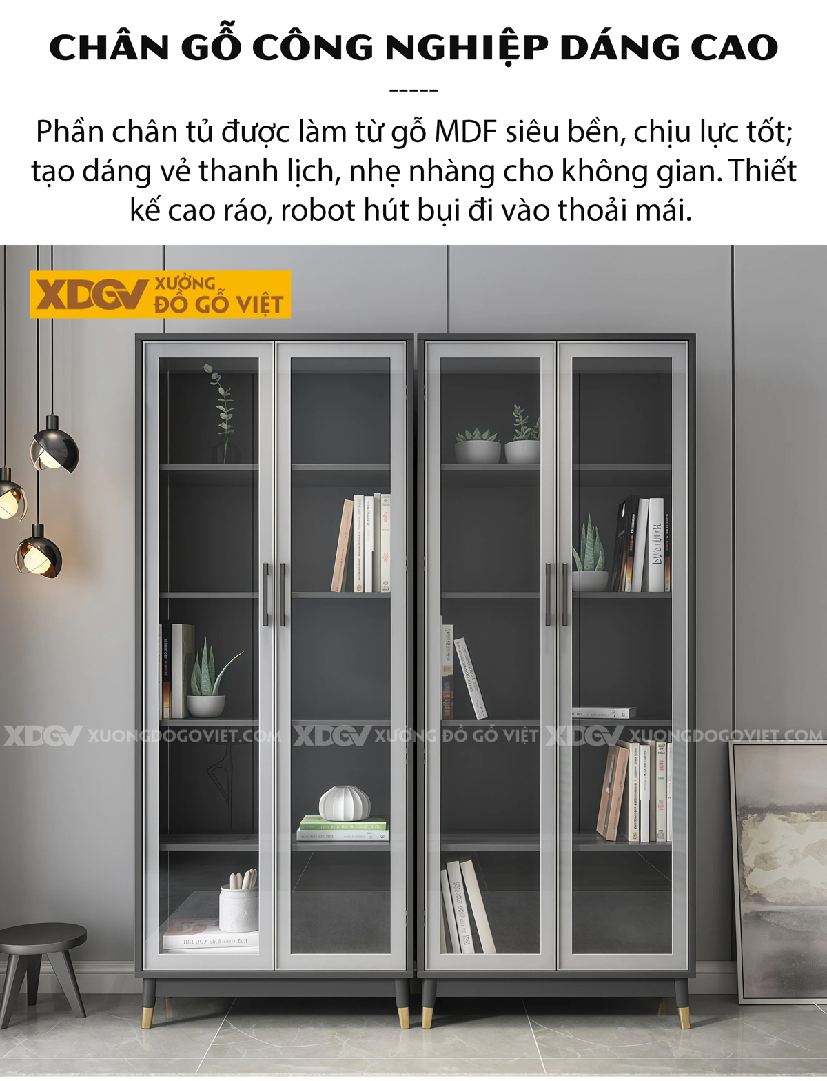 Tủ Đựng Sách Văn Phòng Gỗ MDF Chân Côn Bọc Kim Kèm Cánh Kính