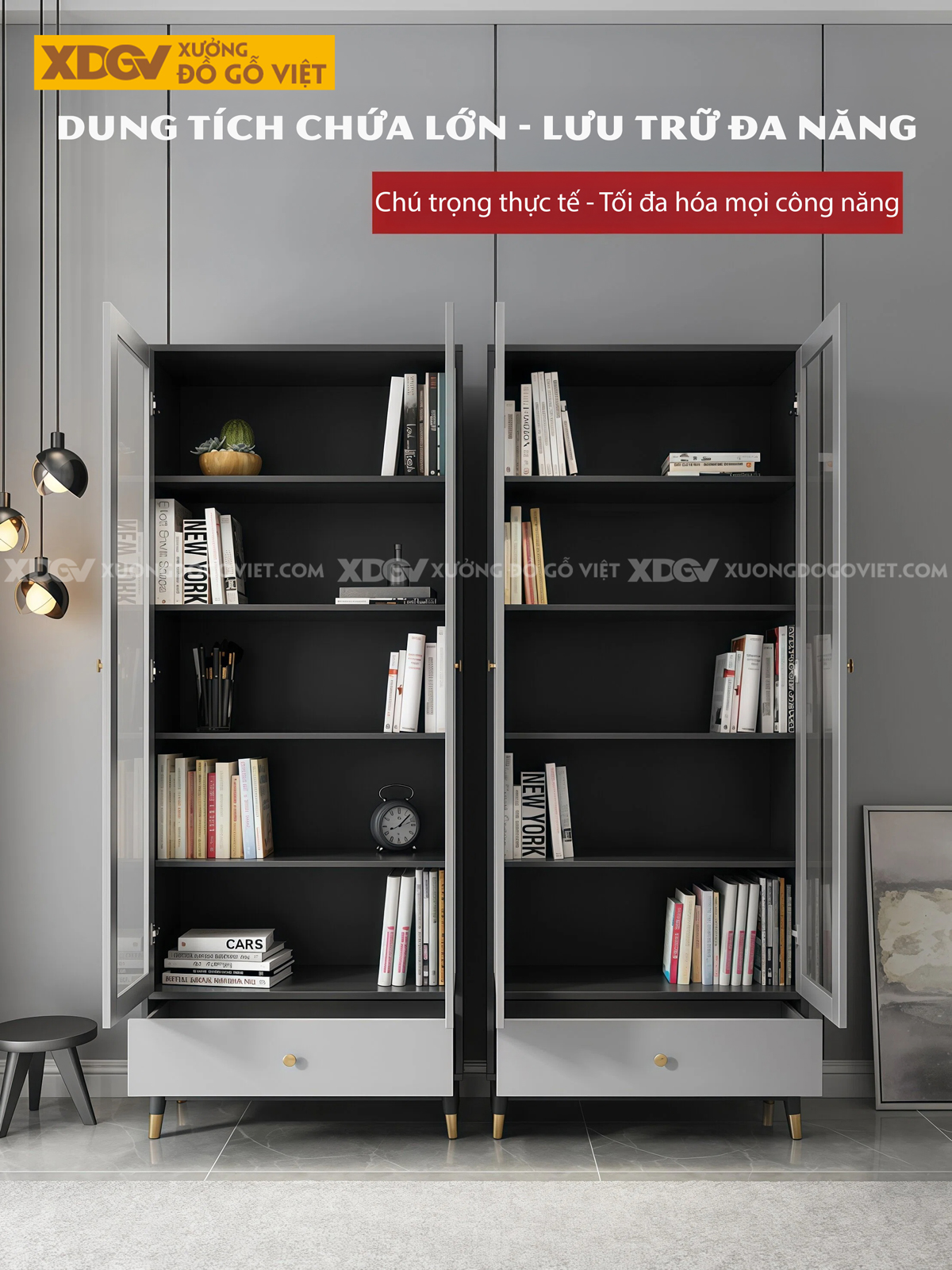 Tủ Đựng Sách Văn Phòng Gỗ MDF Chân Côn Bọc Kim Kèm Cánh Kính