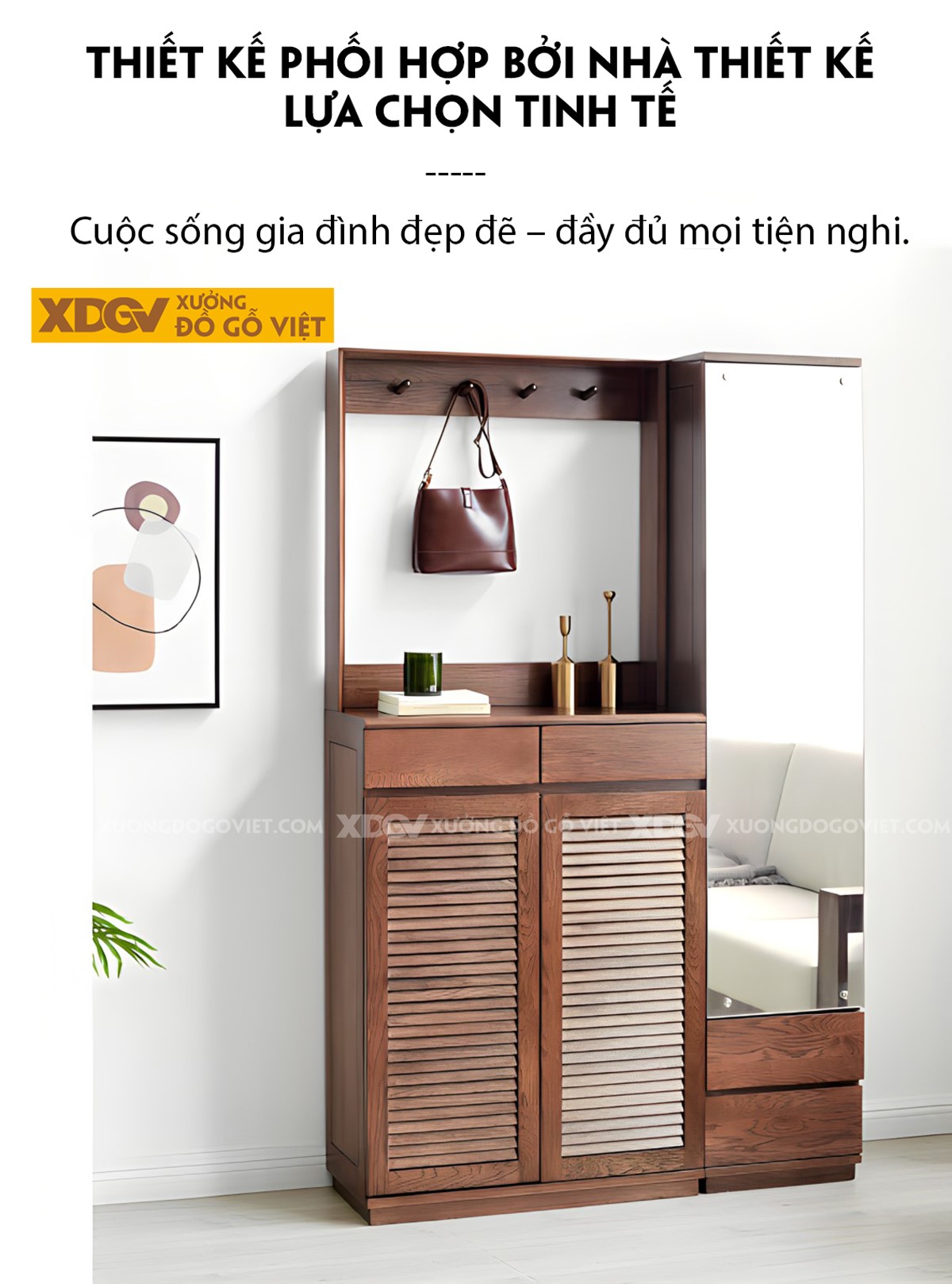 Tủ Giày 2 Cánh Lá Sách Gỗ Sồi Tích Hợp Móc Treo Gương Soi