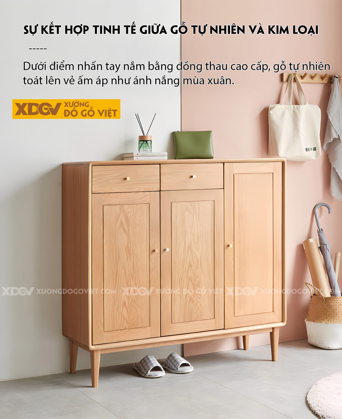 Tủ Giày 3 Cánh Gỗ Sồi Góc Vát Cạnh Tích Hợp Ngăn Kéo Trên